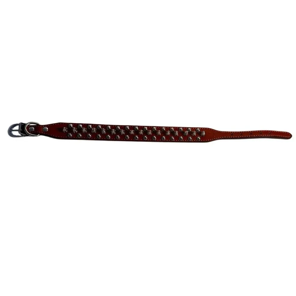 Triple Threat Light Brown Leather Silver Metal Spiked Studded Dog Collar